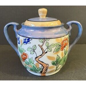 Chikaramachi Porcelain Hand Painted Blue Floral Art Deco Sugar Bowl Mustard Jar